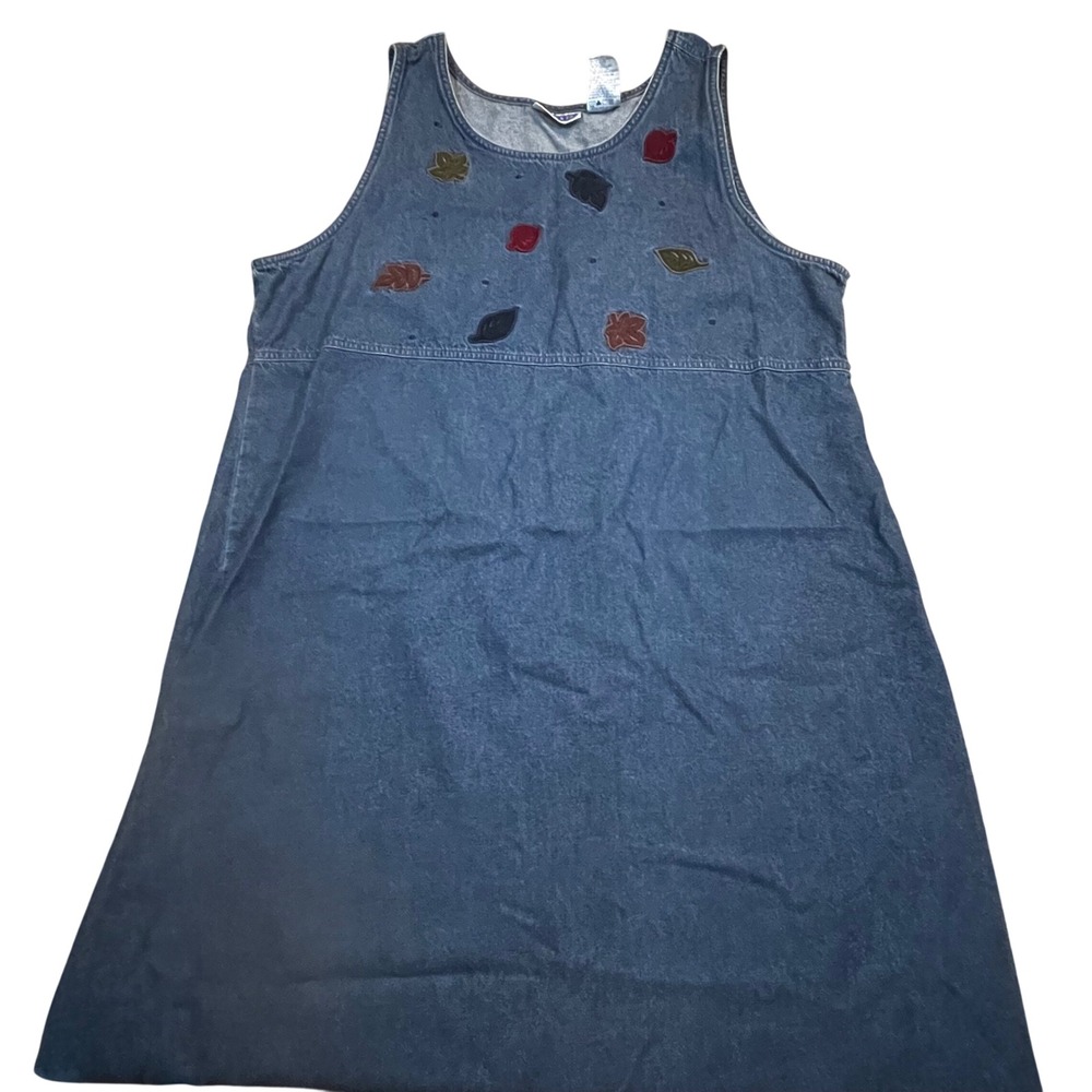 Erika & Co Womens XL Denim Jumper Dress Maxi Embroidered Fall Leaves Cotton Blue